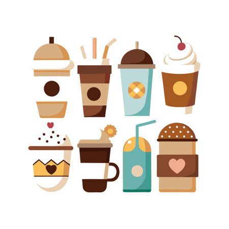 Stylized Flat Vector Assortment of Coffee Drinks in Paper Cups on White Backgroundのイラスト素材