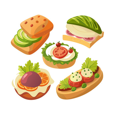 Assortment of stylized open-faced sandwiches with fresh vegetables and fruits on isolated white backgroundのイラスト素材