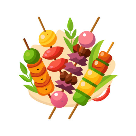 Colorful Skewers on Beige Plate with Green Leaves and Chili Pepper Illustrationのイラスト素材