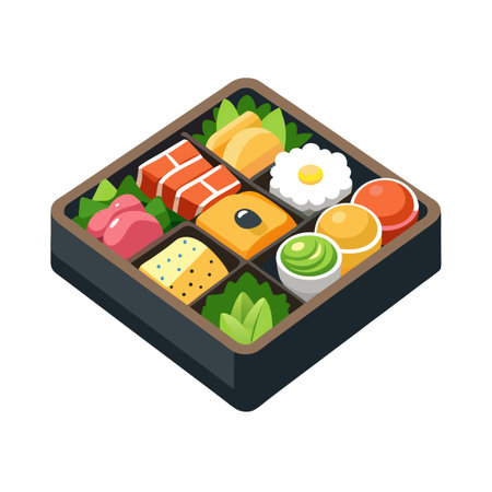 Isometric vector illustration of a bento box with various colorful dishes insideのイラスト素材