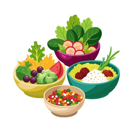 Assortment of Colorful and Healthy Bowls on White Background for Healthy Eatingのイラスト素材
