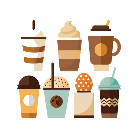 Colorful Flat Design Coffee and Dessert Drink Icons, Beverages Collection on Isolated White Backgroundのイラスト素材