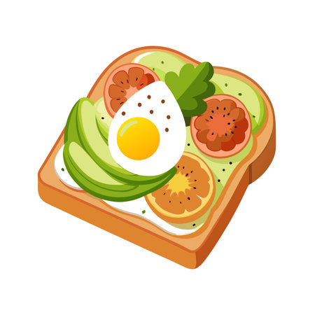 Vibrant breakfast toast with egg, avocado, and tomato on a white background.のイラスト素材