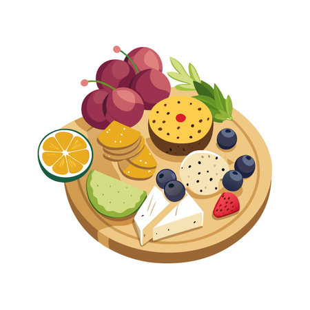 Delicious charcuterie board with cheese, crackers, fruits and pastry on wooden boardのイラスト素材