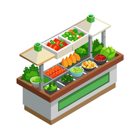 Isometric salad bar with fresh vegetable and salad ingredient offerings, healthy choicesのイラスト素材