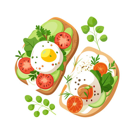 Overhead view of healthy toasts with egg, avocado, tomato and fresh herbs on white backgroundのイラスト素材