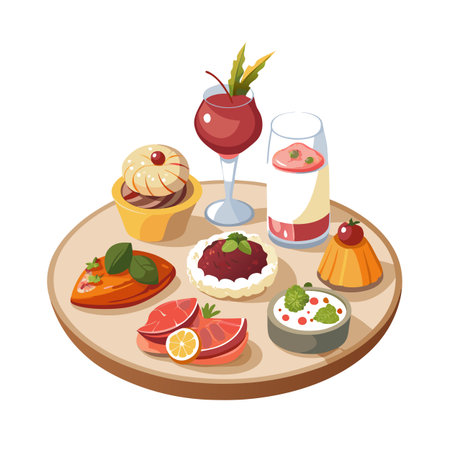 Cartoon Illustration of Dessert Assortment on Platter with drink and cakeのイラスト素材