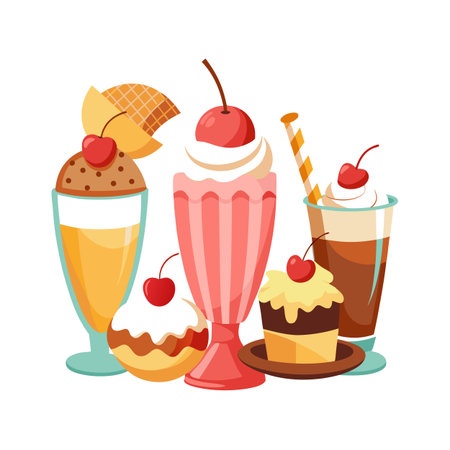 Retro milkshake collection with cherry toppings and various desserts, flat vector designのイラスト素材