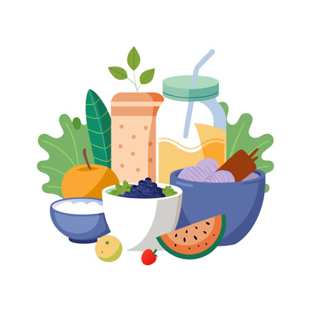 Healthy food illustration with fruits, smoothie, yogurt and fresh berries in a flat styleのイラスト素材