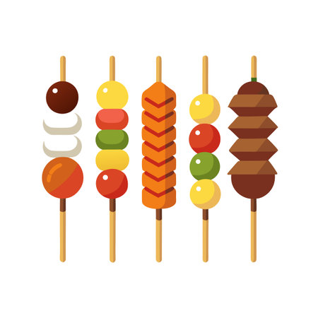 Colorful assortment of food skewers featuring balls, rectangles, and diverse ingredients, flat designのイラスト素材