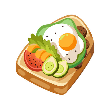 Delicious Breakfast Toast with Fried Egg, Avocado, Tomato, and Greens: Healthy Eatingのイラスト素材
