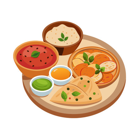 Isometric Indian Thali Featuring Curries, Bread, Dips and Vegetables on Wooden Plateのイラスト素材