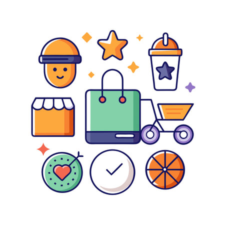 Colorful vector icons representing online retail, food delivery, and e-commerce services conceptのイラスト素材