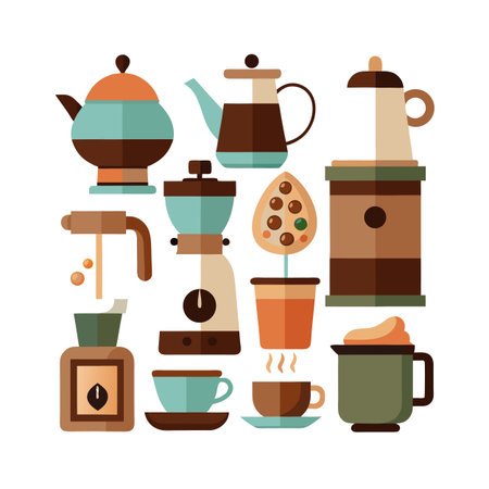 Flat Design Coffee Brewing Still Life with Teapots, Grinder, Cups, and Coffee Plantのイラスト素材