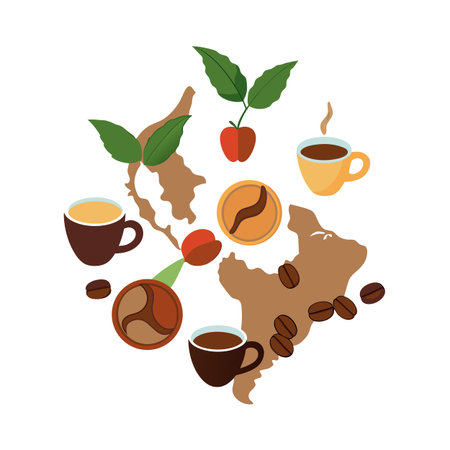 Coffee cultivation elements arranged on a white background, coffee beans and mugsのイラスト素材