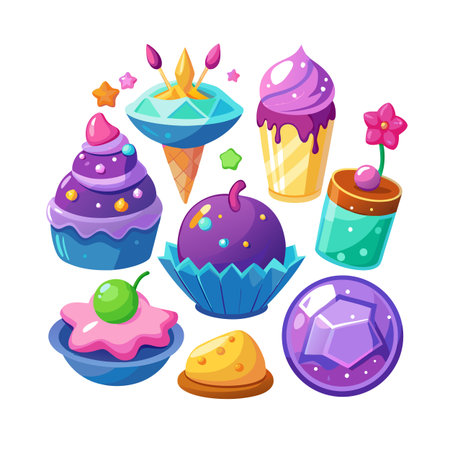 Colorful Cartoon Confections: An array of whimsical and vibrant desserts arranged on a clean white backgroundのイラスト素材