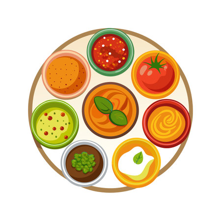 Top-down view of round plate with seven assorted appetizer dips in colorful bowlsのイラスト素材