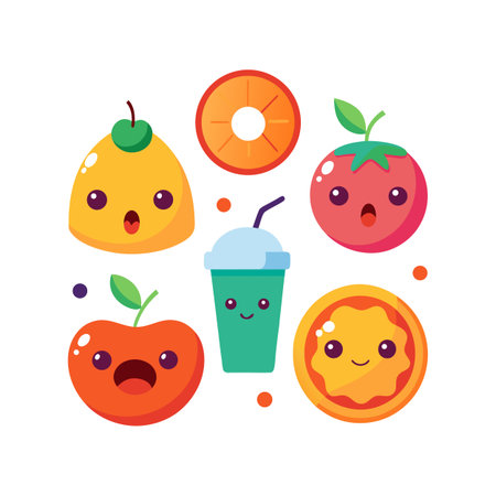 Playful Fruit Cartoon Character Composition with Smoothie Cup on White Backgroundのイラスト素材