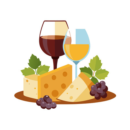 Flat illustration of wine and cheese platter with grapes on a white backgroundのイラスト素材