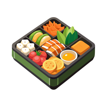 Isometric Bento Box Illustration Showcasing Japanese Cuisine and Portion Control, Healthy Lunchのイラスト素材