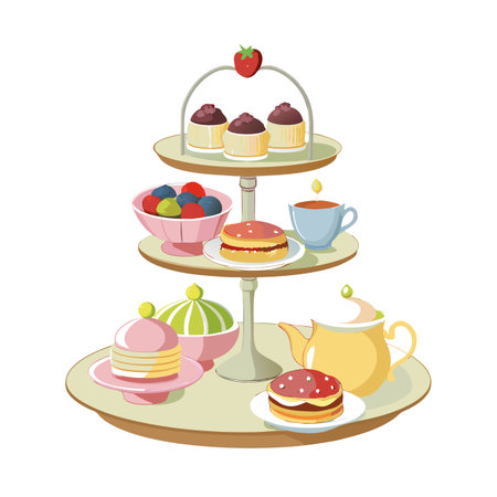 Three-tiered tray with cupcakes, fruits and confectioneries for afternoon tea service illustrationのイラスト素材