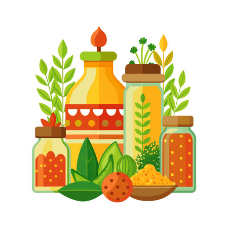 Aromatic herbs and spices for holistic wellness and natural beauty products flat illustrationのイラスト素材