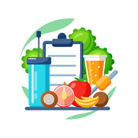 Healthy Lifestyle Food Arrangement with Water Bottle, Juices, Vegetables, Fruits, and Clipboardのイラスト素材
