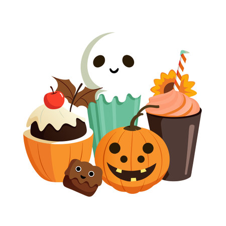 Festive Halloween Treats Illustration Featuring Pumpkin, Ghost, and Assorted Desserts on a White Backgroundのイラスト素材