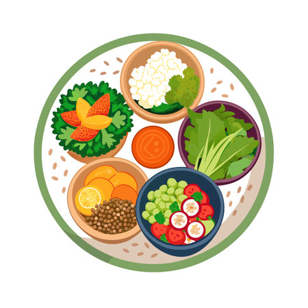 Colorful Vegan Buddha Bowl with Assorted Vegetables and Plant-Based Proteins for Healthy Eatingのイラスト素材
