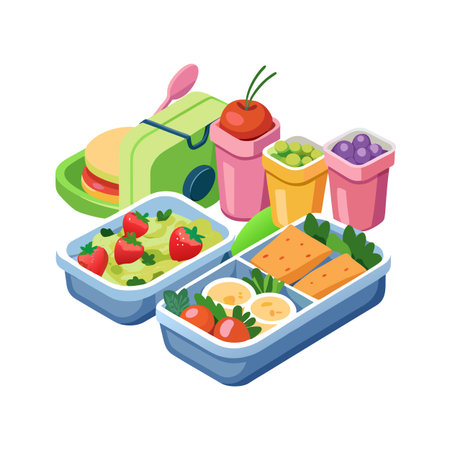 Isometric Lunchbox Composition with Sandwich, Salad, Fruits, and Vegetables in a Colorful Layoutのイラスト素材