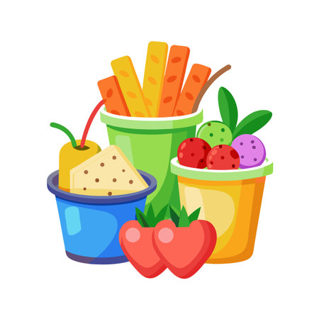 Colorful cheese and fruit snacks in cups, cheerful cartoon still life illustration.のイラスト素材