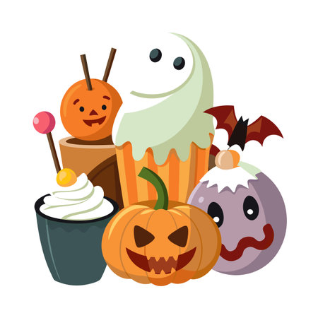 Halloween Treat Vector Set with Pumpkins, Ghost, and Bat for Festive Designsのイラスト素材