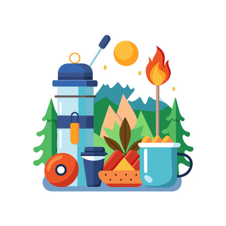 Outdoor adventure and camping themed illustration with cooking equipment, food and a campfire, flat styleのイラスト素材