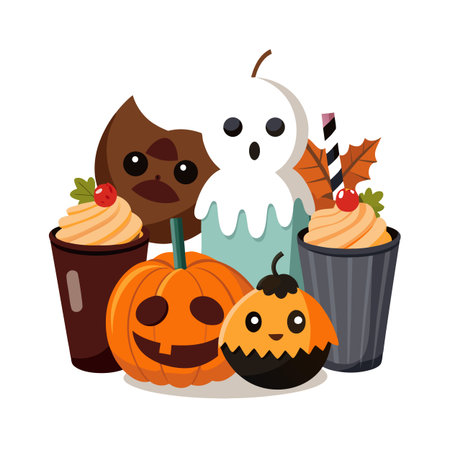 Cartoon Halloween characters and pumpkin spice latte drinks with autumn leaves illustrationのイラスト素材