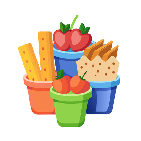 Vibrant Flat Design Illustration of Snacks and Fruit in Colorful Containers Isolated on Whiteのイラスト素材
