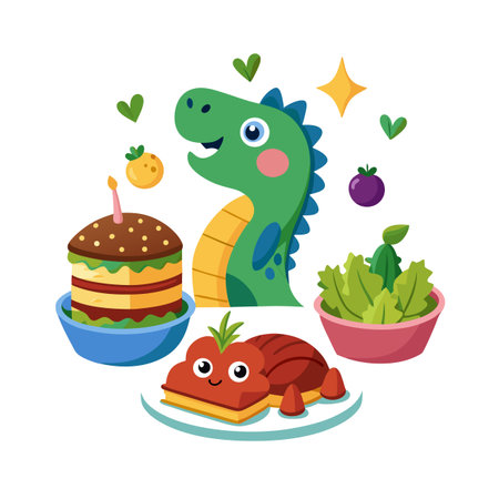 Illustration of a cheerful dinosaur character amidst a variety of colorful food dishesのイラスト素材