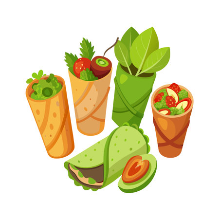 Vibrant assortment of stylized veggie wraps offering a fresh and healthy meal optionのイラスト素材