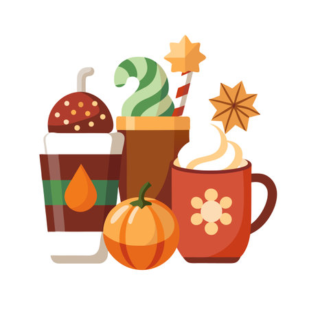 Festive Holiday Beverages with Pumpkin, Vector Flat Illustration for Seasonal Designsのイラスト素材