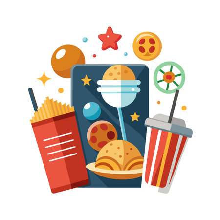 Fun Graphic Depicting Fast Food in Space Travel Theme with Retro Elementsのイラスト素材