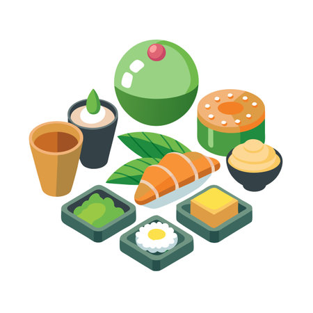 Isometric styled illustration of sushi and appetizer set with green and orange colorsのイラスト素材