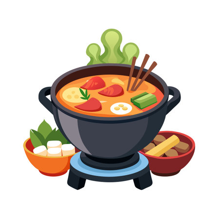 Stylized hot pot illustration with colorful ingredients ready to cook and eat, perfect for food promotionsのイラスト素材