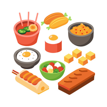 Isometric view of assorted colorful food dishes offering a variety of textures and flavorsのイラスト素材