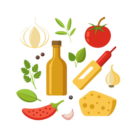 Flat vector illustration of italian food ingredients: garlic, cheese, tomato, oil and herbsのイラスト素材