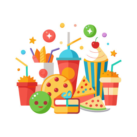 Colorful Flat Illustration of a Party with Food, Drinks, and a Giftのイラスト素材