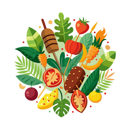 Vibrant fruit skewers and tropical leaves arranged in a decorative circular design elementのイラスト素材