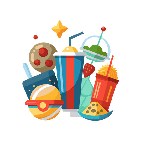 Whimsical assortment of vibrant snacks and treats in a playful, geometric compositionのイラスト素材