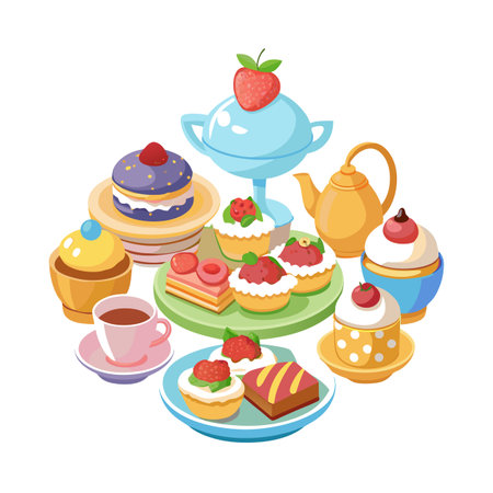 Isometric Dessert Still Life with Teapot, Cupcakes and Tea Cup on White Backgroundのイラスト素材