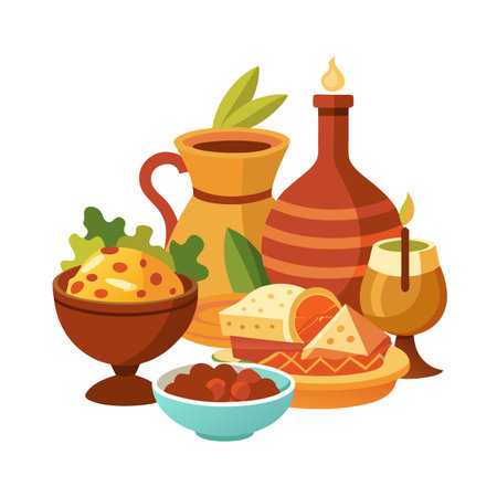 Delicious Mediterranean Feast: A Colorful Still Life of Food and Ceramicsのイラスト素材