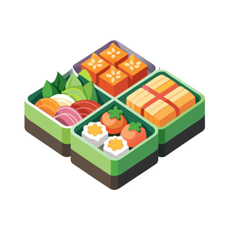 Isometric Bento Box Illustration Featuring Various Foods, Japanese Cuisine, and Healthy Optionsのイラスト素材