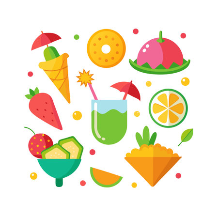 Colorful Flat Vector Illustration of Summer Fruits, Desserts and Drinks on White Backgroundのイラスト素材